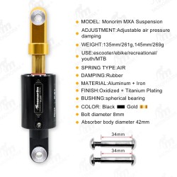 Amortiguador de aire Monorim MXA para patinete y bicicleta eléctrica MTB  - 10 
MODELO: Suspensión Monorim MXA
AJUSTE: Presión d